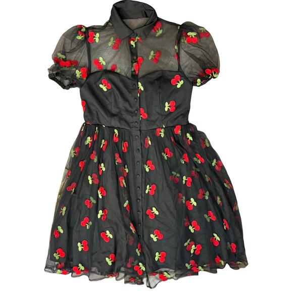 Unique Vintage Collared Sheer Embroidered Black Red Cherry Dress size L 10 12 - Picture 14 of 15